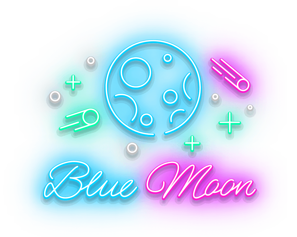 blue, green, and ink neon sign of a moon and space objects | murder mystery escape room, Murder at Mardi Gras