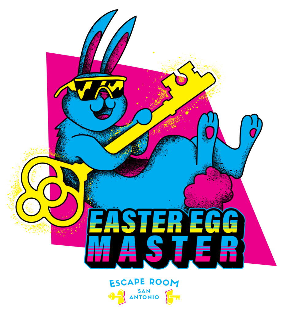 Blue Bunny Holding Golden Key Graphic Easter Egg Tshirt Escape Room San Antonio Stone Oak