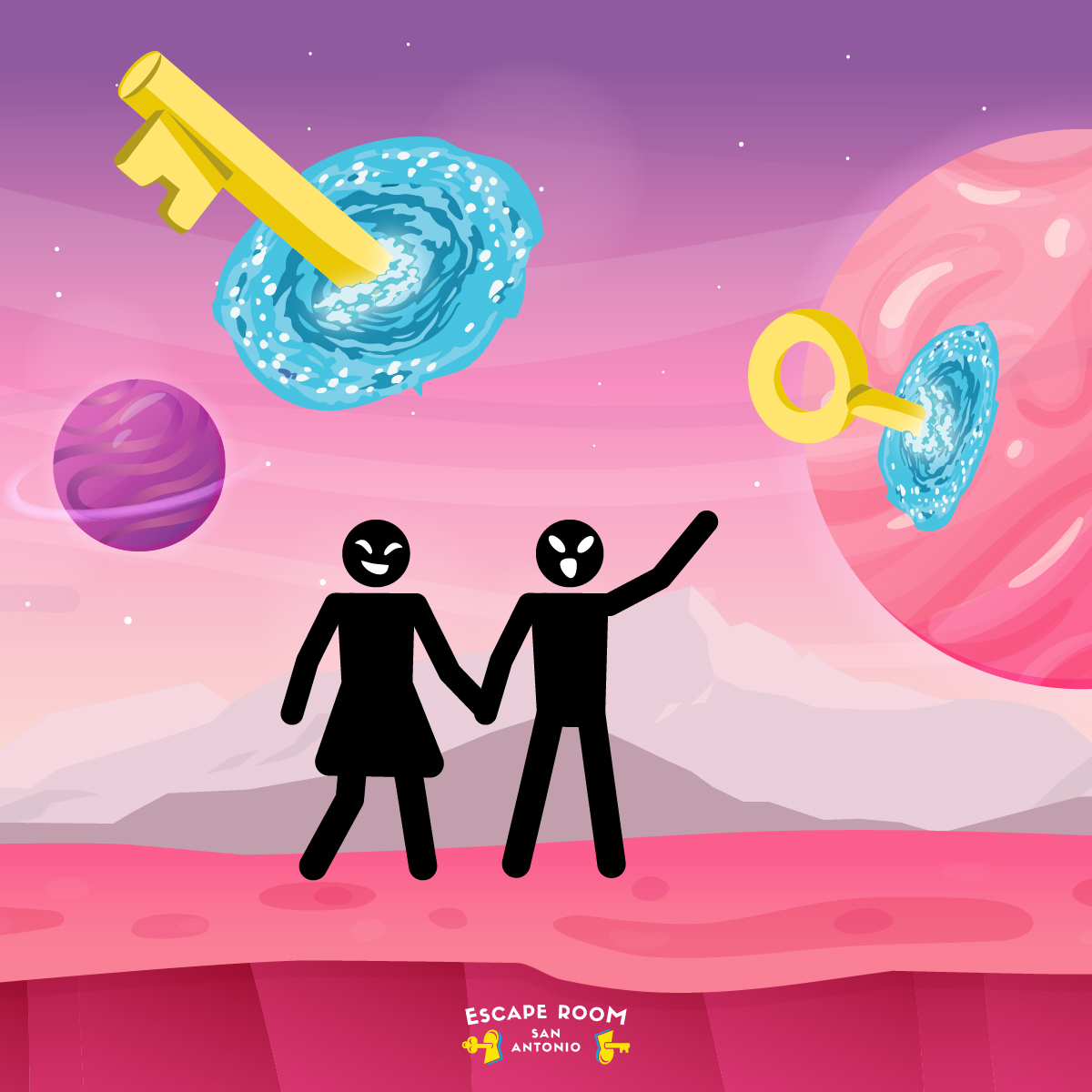 2 aliens holding hands, pink planet background with broken keys and portals in the sky. 3 Ways Escape Rooms Are For All Group Sizes.
